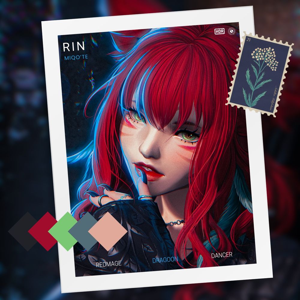 A gpose portrait of Rin, a female miqo'te with red hair and green eyes. Her main classes are Dragoon, Red Mage & Dancer. 