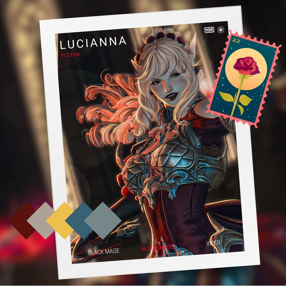 A gpose portrait of Lucianna, a female elezen with pale blonde hair and yellow eyes, surrounded by black sclera. Her main classes are Blood Mage, Black Mage & Viper. 