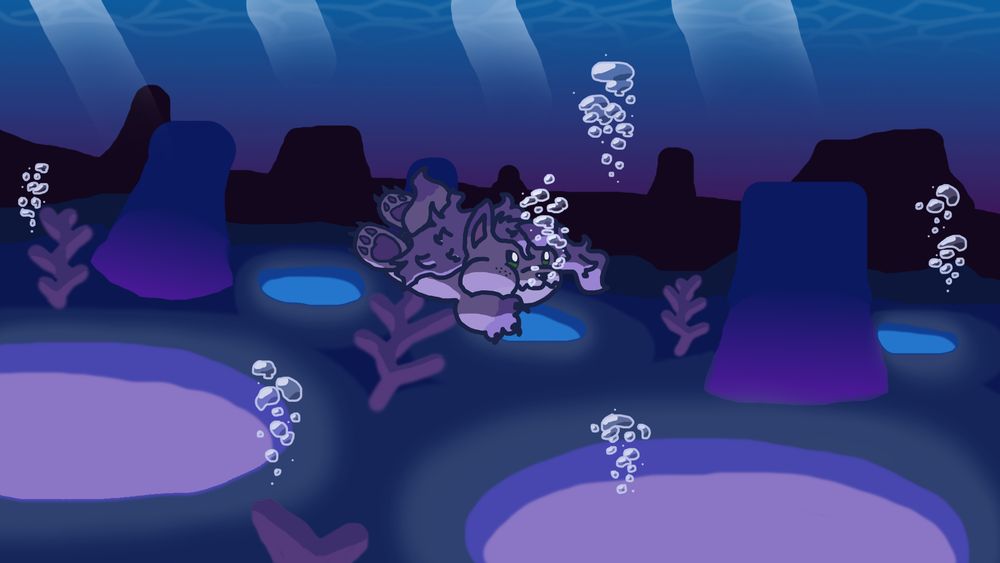 Hallie the Awoofy exploring an underwater area in Aqua Star! There are bioluminescent holes of some sort on the ground, creating a gloomy, yet comfortable ambience. Also, she's got her cheeks poofed, and is leaking bubbles. She could use some air soon.