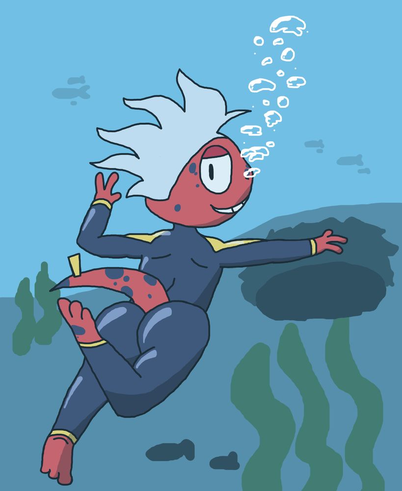 Julian the Scrafty swimming deep underwater in a tight wetsuit, blowing bubbles out of his nostrils and approaching a cave to dive even deeper...!