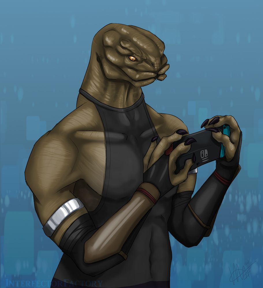 an elite (sangheili) from the halo franchise in cevilian clothing, holding a nintendo switch