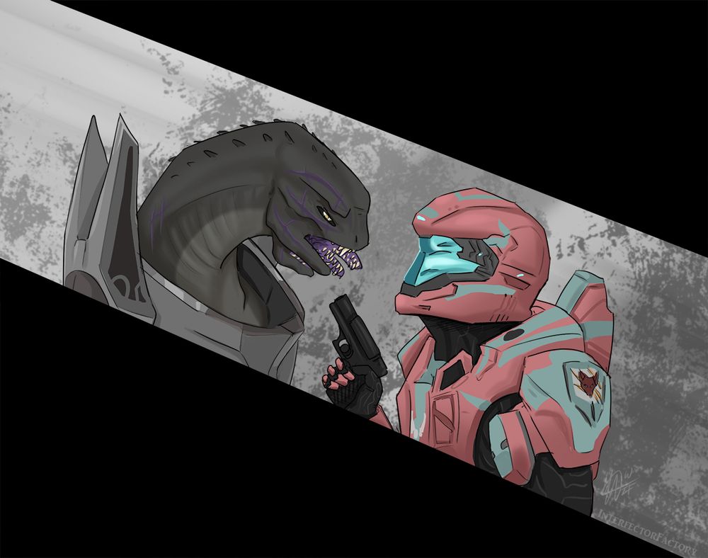spartan and elite (sangheili)  from the halo games facing off