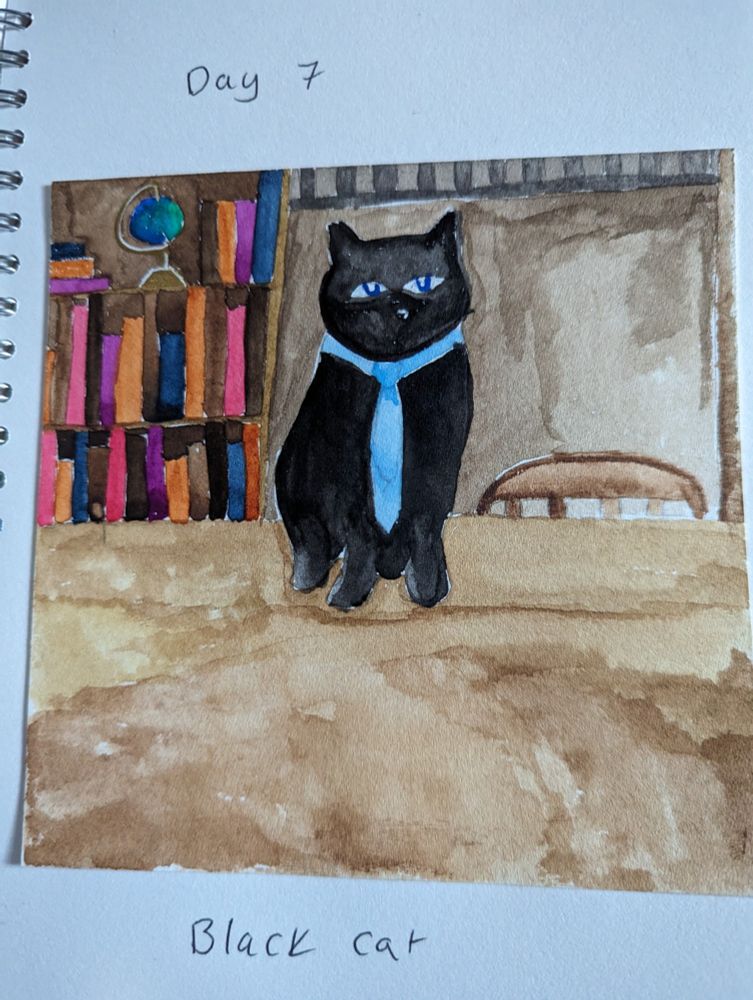 Watercolour picture of a black cat wearing a blue tie sitting on a table in a library