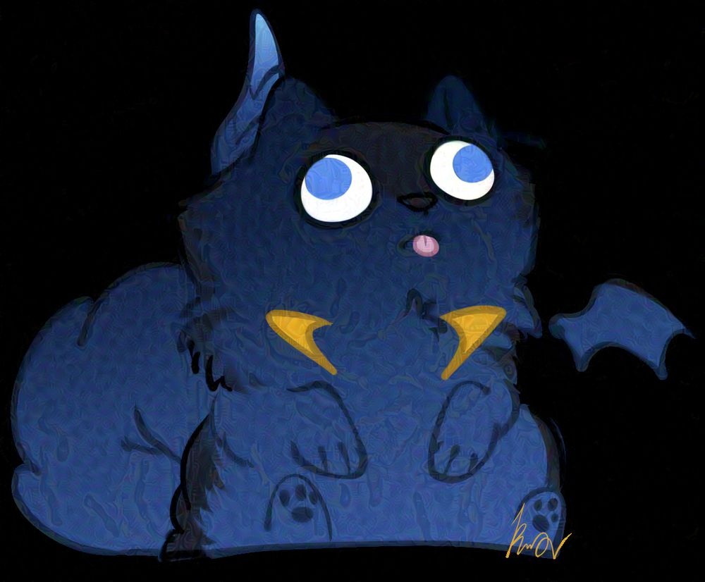 A very derpy looking pomeranian version of a demon blade vtuber