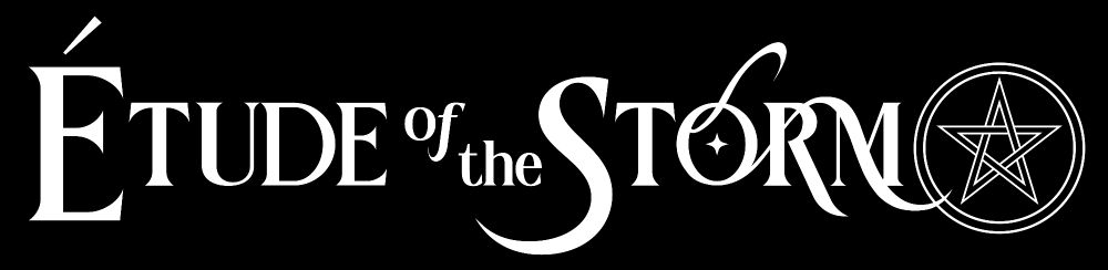 The words "Etude of the Storm" in white text on a black background. The letters are in a Small Caps, serif typeface with the "E" of "Étude" and the "S" of "Storm" larger than the rest. A black and white outline of a Five Pointed Star in a circle immediately follows the text.
