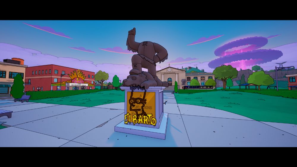 Photo done in Fortnite's Simpsons map that shows the statue of Jebediah Springfield with the head removed and has a El Barto spray on it.