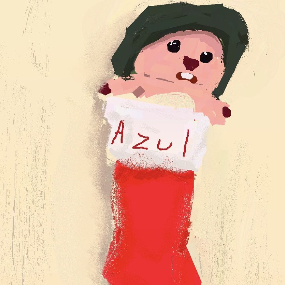 painting of a stuffed toy in a stocking wearing a hat