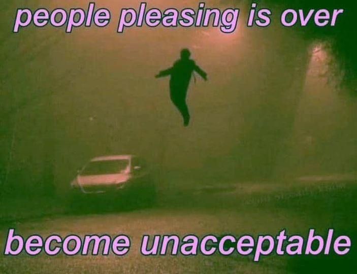 Floating person above a lonely road with the text "People pleasing is over. Become unacceptable."