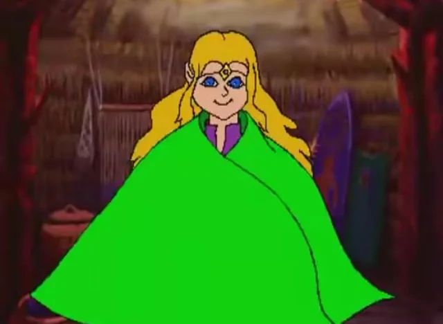 Screenshot of Zelda sitting in a green blanket