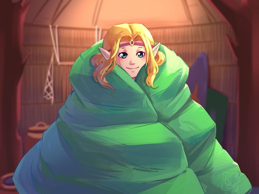 Redraw of the screenshot where Zelda is sitting in a blanket