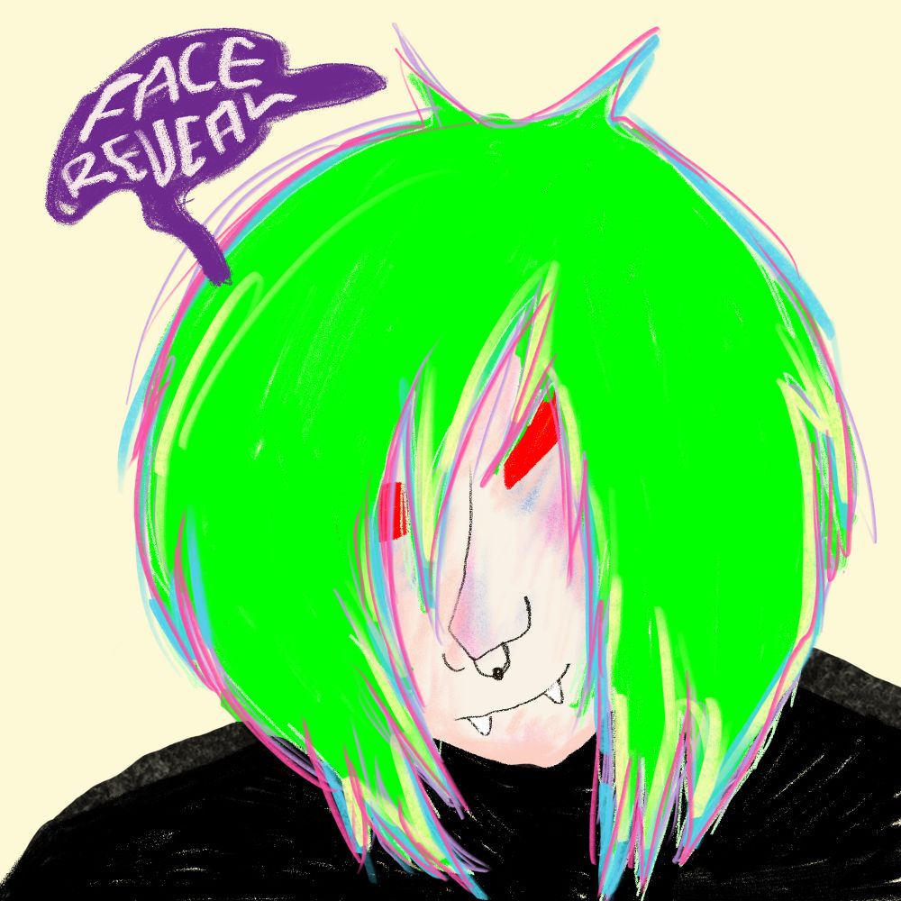 a dude w a bright green scene haircut and red eye
