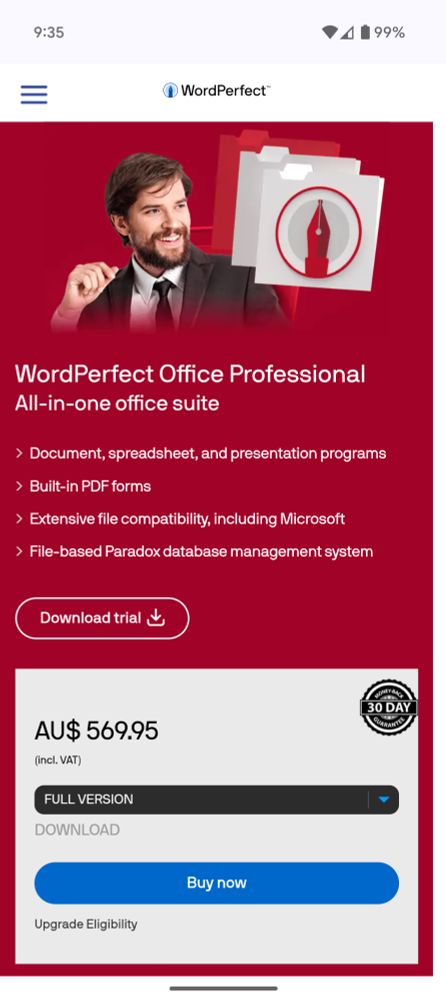 A screenshot of the WordPerfect website advertising WordPerfect Office Professional, priced at AU$569.95