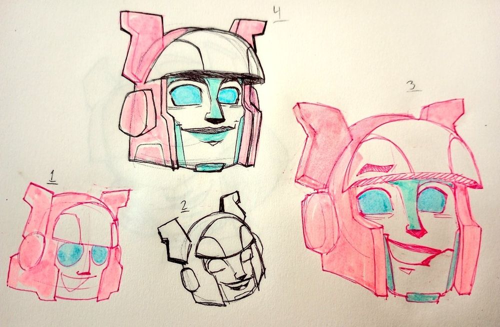 4 drawings of Blaster in pens and highlighters 