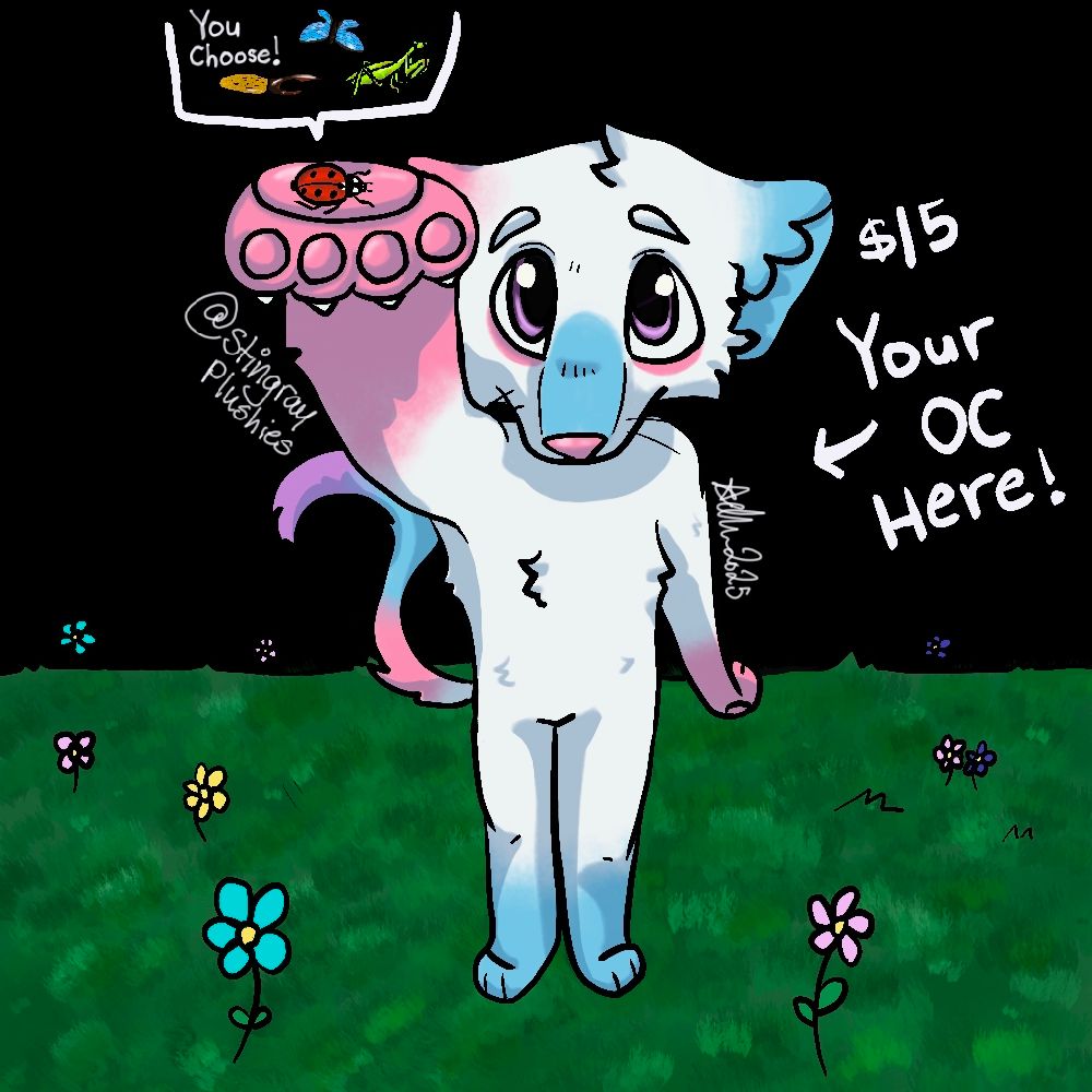 A drawing of a cartoon white cat with pink and blue accented ears and paws holding a bug and showing it to the viewer. Writing saying "$15 your OC here!" Is pointing at them.