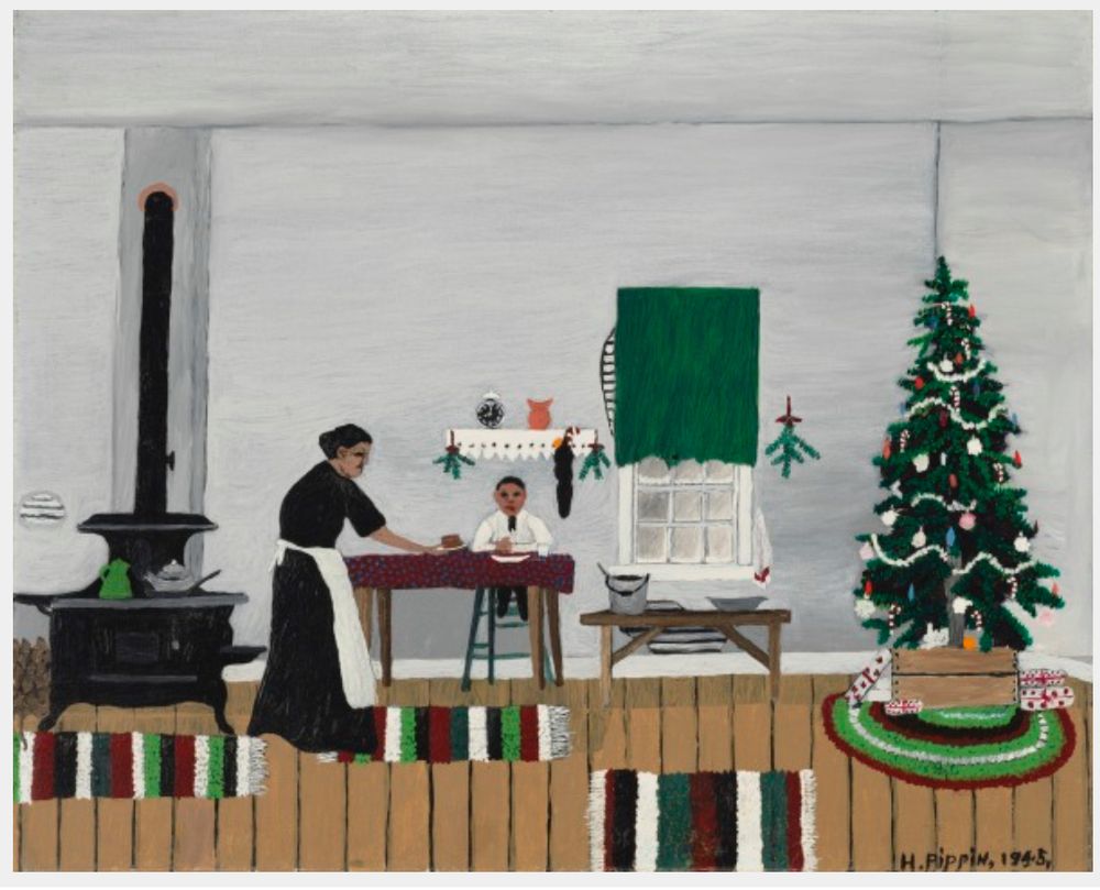 Painting showing a black woman wearing a black dress and apron giving a child breakfast in a room with rugs, a stove, and a Christmas tree