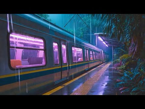 Neon Train Station | Rain in the Jungle | 12-Hours of Ambient Sound