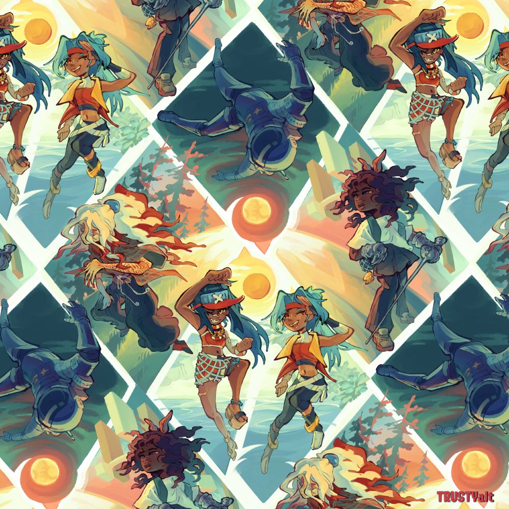 a repeating pattern of 4 diagonal scenes that go around a moon and a sun, with 5 characters on it as an artfight attack