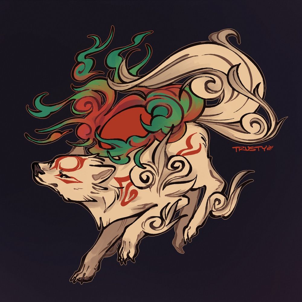 drawing of Amaterasu from Okami  