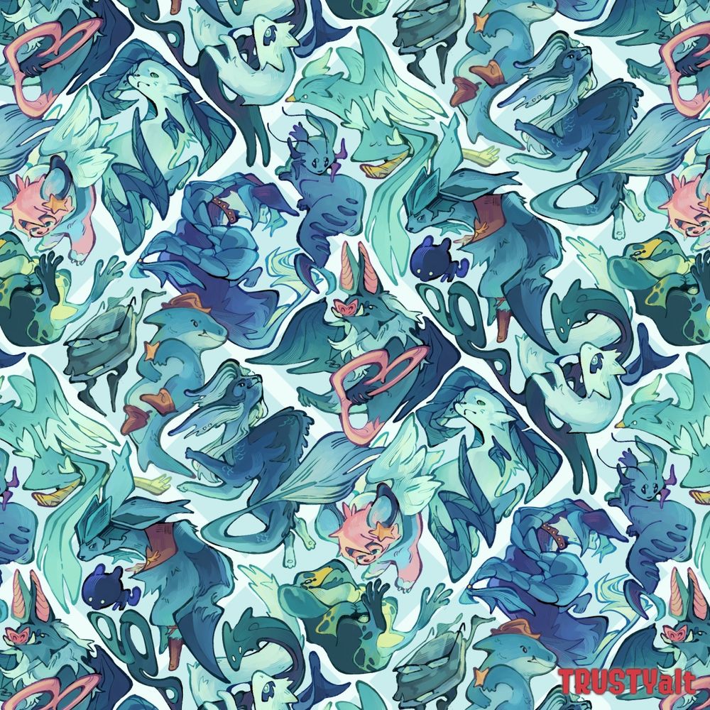 An illustration of 14 blue animals drawn in a repeating pattern 