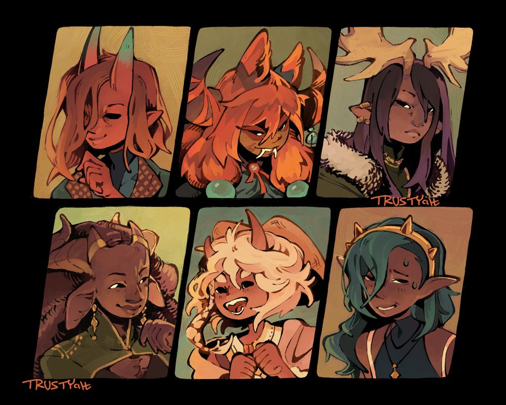 6 portraits of various horned original characters, in warm colors