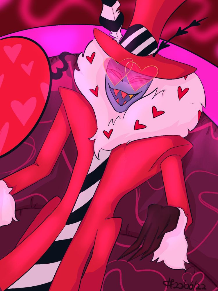 The drawing features Valentino from the show Hazbin Hotel. He's sitting on a couch, looking at the viewer (or angel in this scenario I think) and saying something, though I was too lazy to fill the speech bubble so it's just hearts 