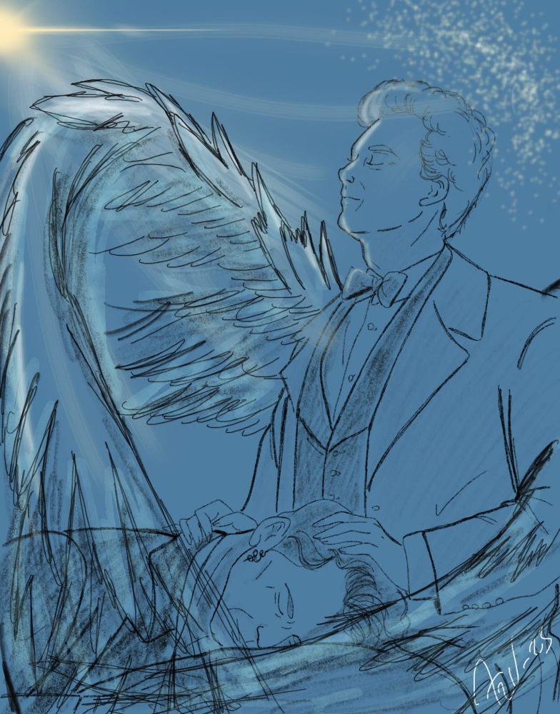 Aziraphale protects Crowley with his wings open. Crowley lays on his lap, safe. Aziraphale shines at the God's light.
Everything Is blue cause I failed to colour