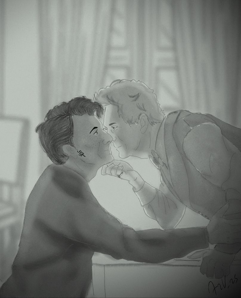 Aziraphale touches Crowley's chin. They're looking in each others eyes, deeply in love.
Black&White cause i didn't like how It turned with the colors...