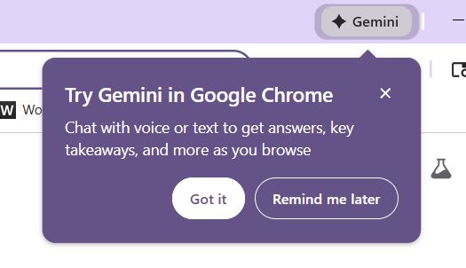 Google Chrome popup:
"try Gemini in Google Chrome! Chat with voice or text to get answers, key takeaways, and more as you browse"
the options presented are "Got it" and "Remind me later"