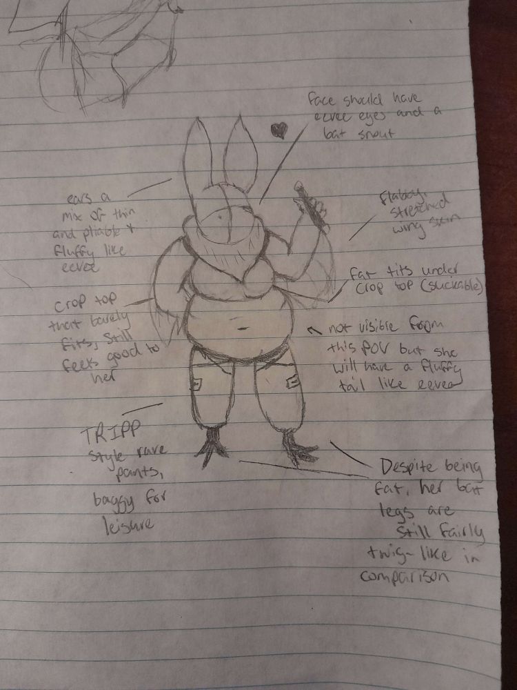 The final rendition of the sketch from before, adding her right arm, finishing her left arm, and adding a small baton intended to have glowing lights on the tips to her left hand, as well as giving her a pair of baggy pants, and revealing her legs to be rather thin in comparison to her top heavy frame. Surrounding the sketched character are several personal anecdotes describing more of the character's appearance, and points out that the Pokemon known as Eevee was also an inspiration for her appearance.