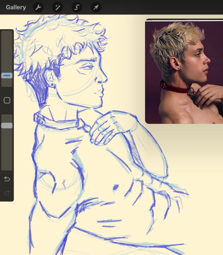 a digital sketch of yuuji from jjk. side profile with him laid down and propped up on his elbow, with his other arm held to his chest and holding onto a chain attached to a collar 
