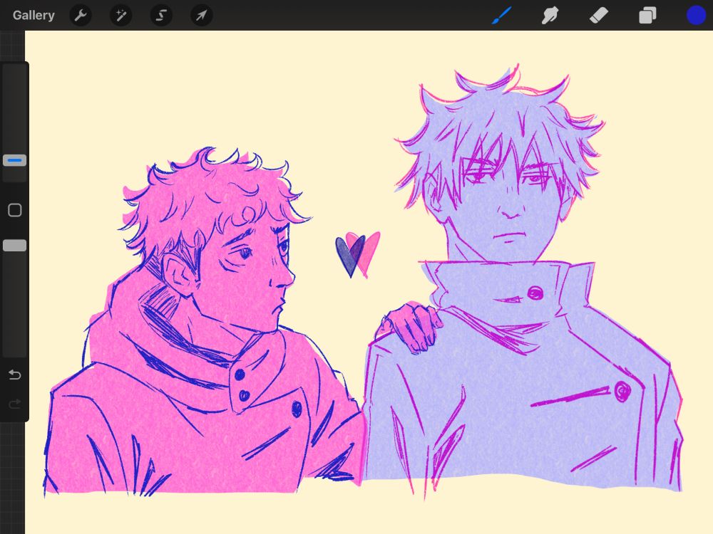 a digital drawing of itadori yuji and fushiguro megumi from jjk. yuji is drawn in pink with blue line work, has his hand on megumi's shoulder, and is looking up at him with a pout. megumi is drawn in light blue with pink bright pink line work, he is looking straight ahead with a passive look on his face.