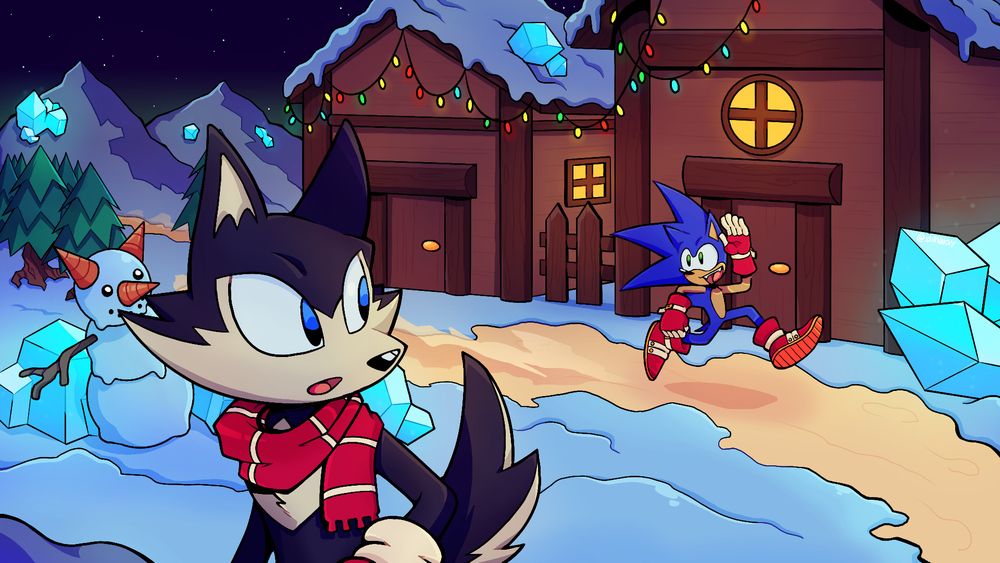 A village on Christmas Island in the Sonic Galeborn AU during the special night when it gains it's wintery look.

Sonic the Hedgehog is speeding by while greeting an unknown Husky character who is wearing a red and white scarf, the same colors as Sonic's shoes and gloves.