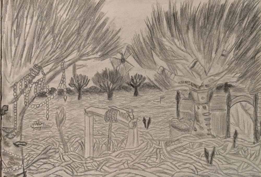 A drawing made with graphite pencil. It shows a flat landscape covered in vines. In the foreground are two trees and a well.
 The tree to the left is not completely in frame, but we see enough of it to know there are fungi and other strange markings and creatures on it, and that beads are wrapped around its trunk and draping from its branches. The well is in the centre, and it is simply a hole in the vines with a frame coming out of it and a rope tied to the middle. A six-legged lizard sits on top of it. The tree on the right is fully visible, and has a box nest tied around its trunk and striped socks on some of its branches. There is a small structure with a door made of leaves behind it. 
In the background three more trees can be seen, along with a flag and a windmill. 