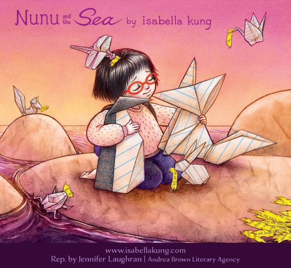 Asian girl with red glasses surrounded by life-sized origami animals (fox, penguin, rabbit, crane, frog, squirrel, dragonfly) on paper textured land by the sea.
