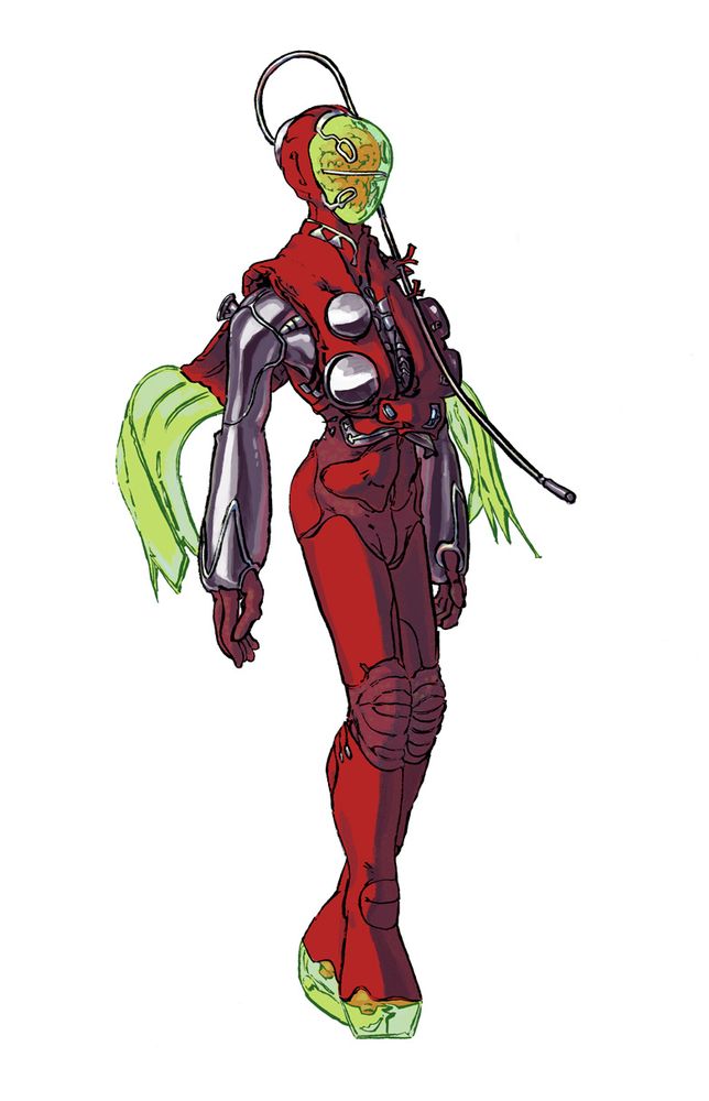 a red cyborg with a transparent face showing a brain like shape. its arms are chrome and a long radio aerial on its back is folded down over its torso