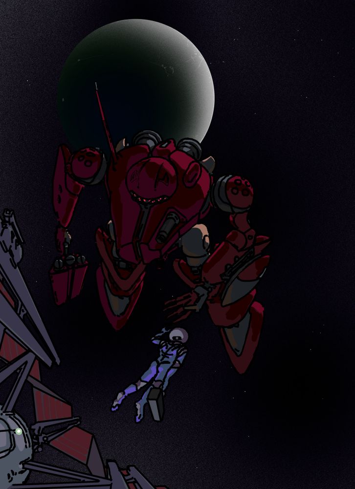 from a small structure, a figure in a blue spacesuit floats in zero-g to a mech's waiting hand. it is a deep glossy red with curved surfaces, and holds in its other hand a pistol-shaped device. behind it, the moon, with marks on its surface suggesting transport infrastructure