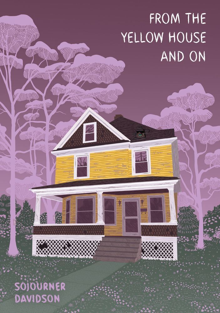 A weathered yellow house stands against a purple spring background.