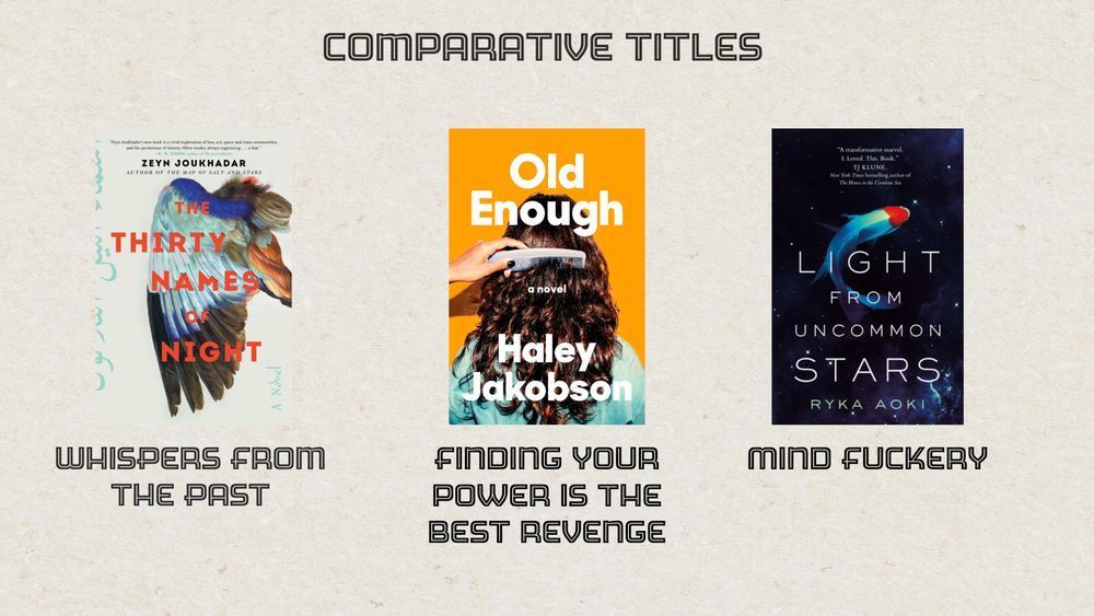 Comparative Titles

“The Thirty Name of Night”
Whispers from the past

“Old Enough”
Finding your power is the best revenge

“Light from Uncommon Stars”
Mind Fuckery
