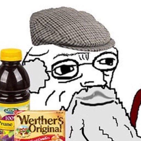 A wojak with a cane, werther's original, and prune juice
