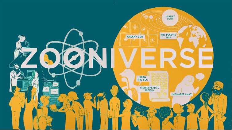 This image is an illustration showing multiple people contributing to the Zooniverse platform projects. 'Zooniverse' is written in the middle of the image