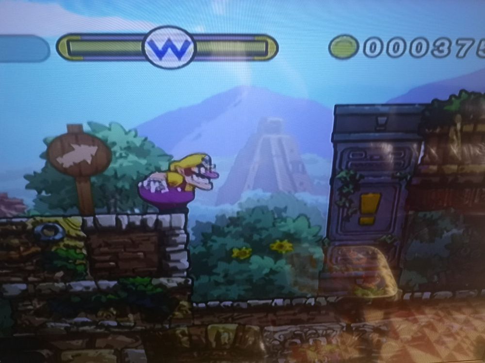 A screenshot of Wario Land: The Shake Dimension with Wario crouched down in an ancient ruins level.