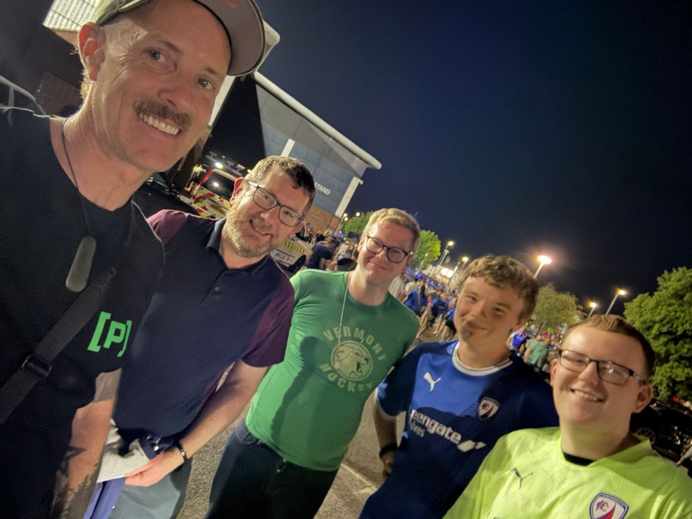 A photo of me, with four Rainbow Spireites and Rainbow Owls members, outside the SMH Group Stadium after an EFL Cup match.