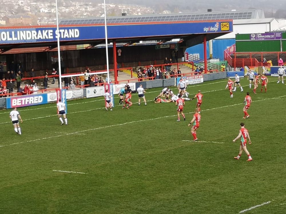 An action shot of Keighley Cougars trying to score a try during their home match against Midlands Hurricanes.