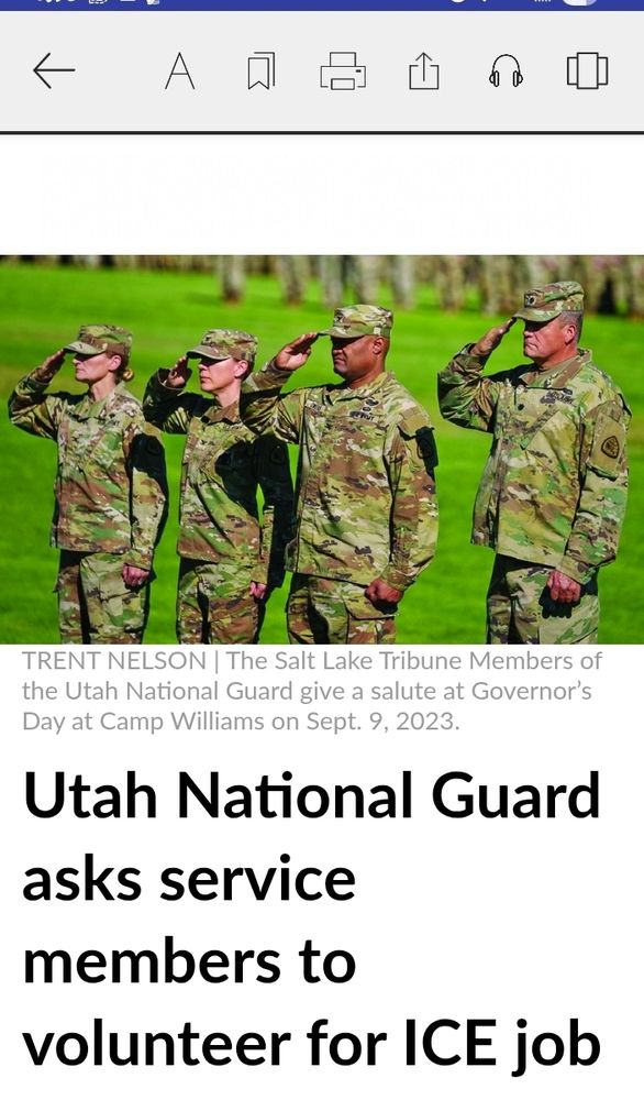 Photo of 4 national guards unrelated to the current story. Headline reads Utah National Guard asks service members to volunteer for ICE job.
