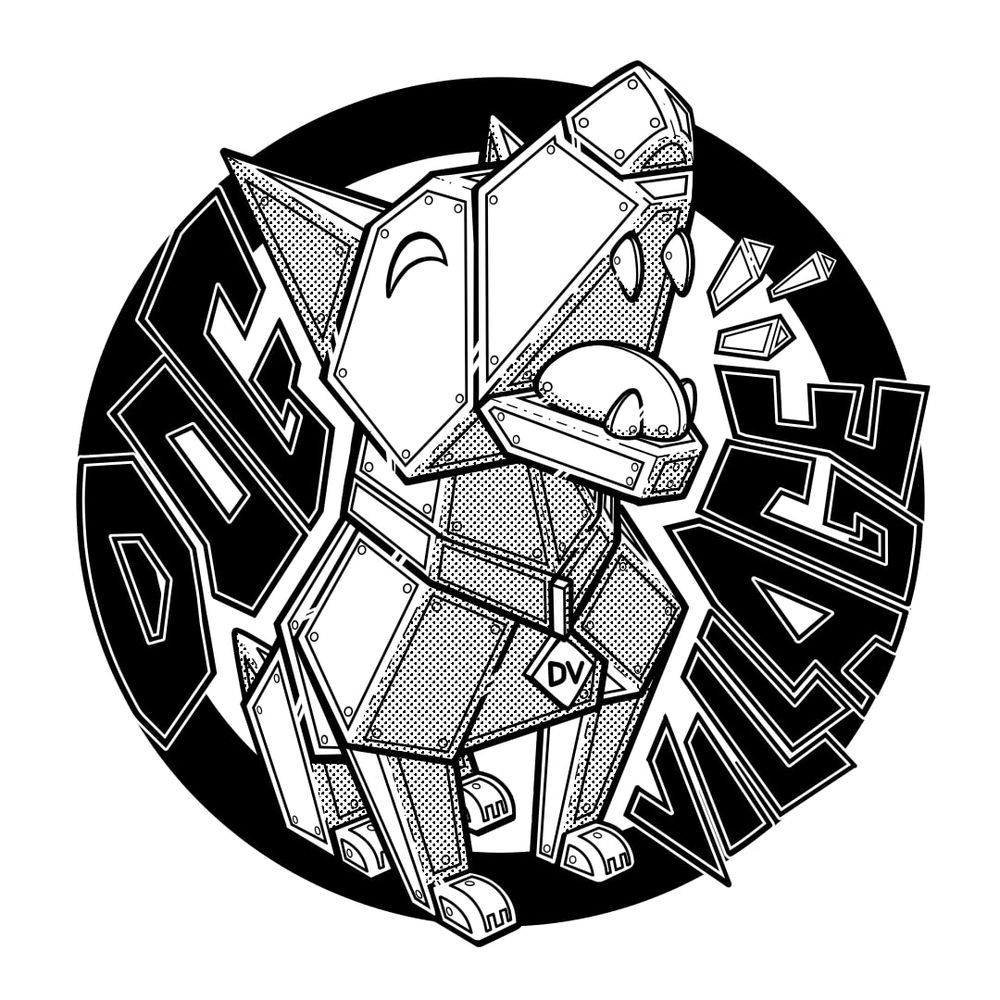Art created by me, all copyrights to these images and logos belong to Dog Village Inc. 

Depicted is a company logo showing a geometricly stylized dog that is sitting and barking. The design reflects building structures, and the colors are based off of children's building blocks

Black and white halftone version