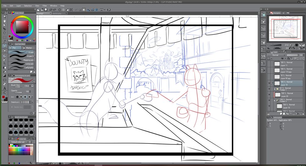 screenshot of my drawing program, showing a wip sketch of two poorly drawn stick figures, performing some sort of transaction at a market stall, in a small fantasy based city with a castle and mountains in the distance