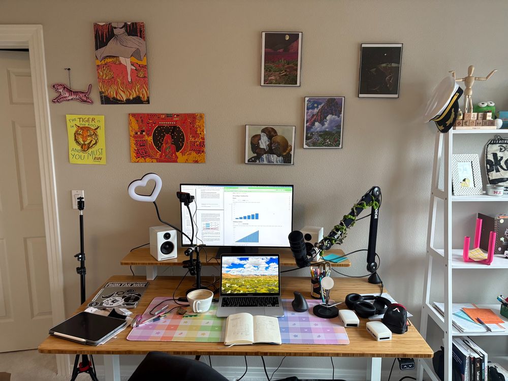 Picture of my desk set up, a wall full of surreal art prints. The desk is cluttered but not totally taken over by tech, wires, lights, and notebooks.