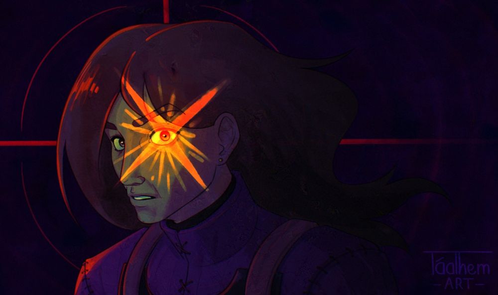 A drawing of a woman in a somber blue-purple-ish atmosphere, she is looking at the camera and seems startled. A bright glowing star-like orange shape is overlayed over her left eye