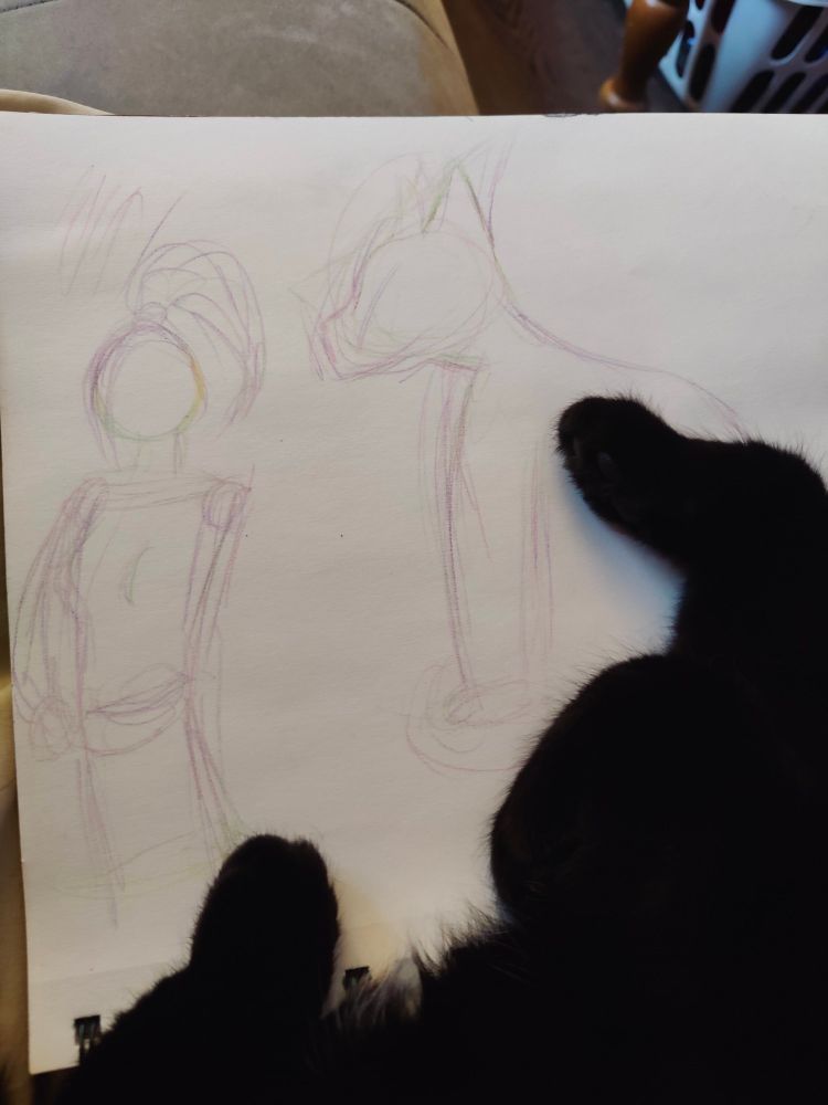 Cat has changed positions on top of sketchbook, sketch of a female bodied character done in free space not taken up by cat's feet