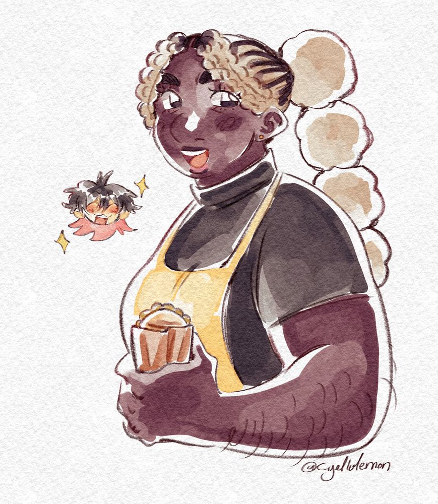 Digital art of my oc Claire, a fat black woman with dyed long coily grey hair in a bubble ponytail and braided bangs, dark brown eyes, wearing a yellow apron on top of a black tank top. She's smiling and holding a sandwich, there is also a little headshot of my oc Olive being all happy